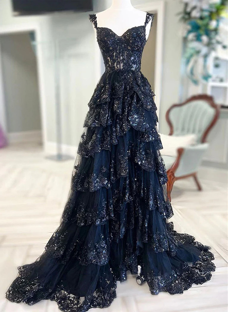 Navy Blue Lace and Tulle Sweetheart Long Formal Dress, Navy Blue Prom Dress Navy Blue Lace and Tulle Sweetheart Long Formal Dress, Navy Blue Prom Dress