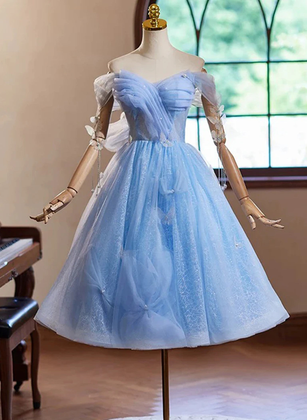 Blue Off Shoulder Tulle Short Homecoming Dress, Blue Sweetheart Prom D – Cutedressy