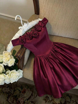 Wine Red Satin Knee Length with Flowers Party Dress, Wine Red Satin Homecoming Dress