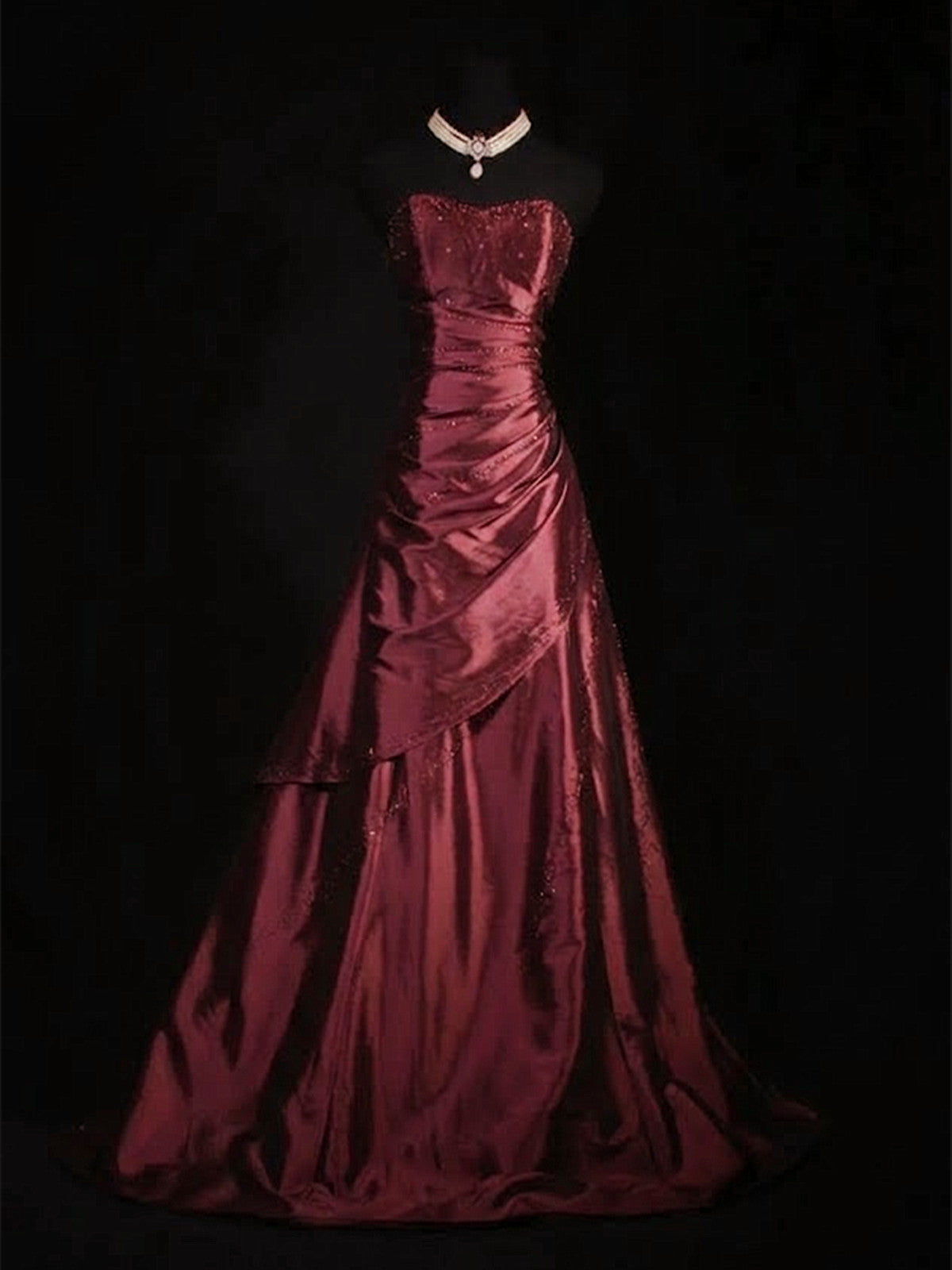 Elegant Wine Red Strapless Floor-Length Evening Dress, Beaded A-line Wine Red Long Prom Dress