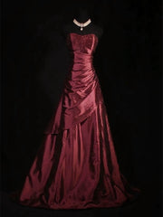 Elegant Wine Red Strapless Floor-Length Evening Dress, Beaded A-line Wine Red Long Prom Dress