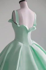Green Satin Ball Gown Straps Sweet 16 Dress, Green Satin Long Prom Dress Evening Dress