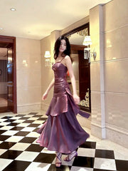 Purple Satin Straps Mermaid Long Formal Dress, Purple Prom Dress Evening Dress