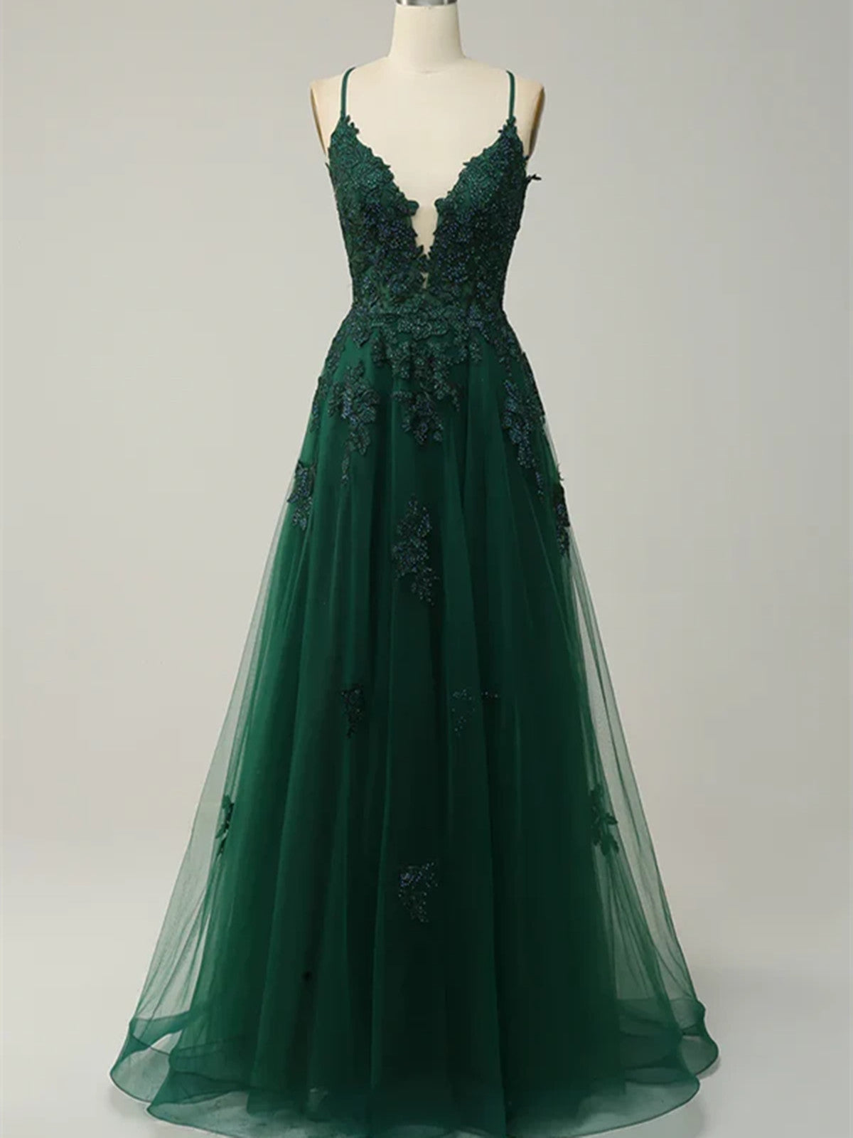 A-line V-neckline Green Tulle with Lace Applique Prom Dress, Green Straps Long Evening Dress