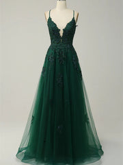 A-line V-neckline Green Tulle with Lace Applique Prom Dress, Green Straps Long Evening Dress