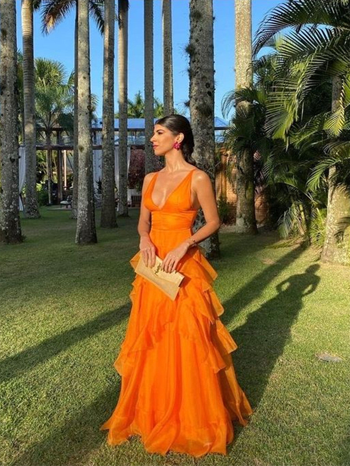 Elegant Orange V-Neck Tiered Layered Long Prom Dress, Backless A-line Evening Party Dress