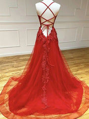 Red V-neckline Tulle with Lace Applique Party Dress, Red Formal Dress Evening Dress