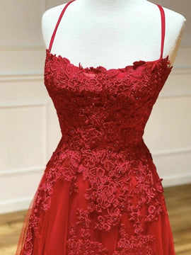 Red V-neckline Tulle with Lace Applique Party Dress, Red Formal Dress Evening Dress