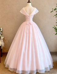 Vintage Pink Evening Gown Floral Embroidered Cape Sleeves, Ruched Waist Tulle Prom Dress