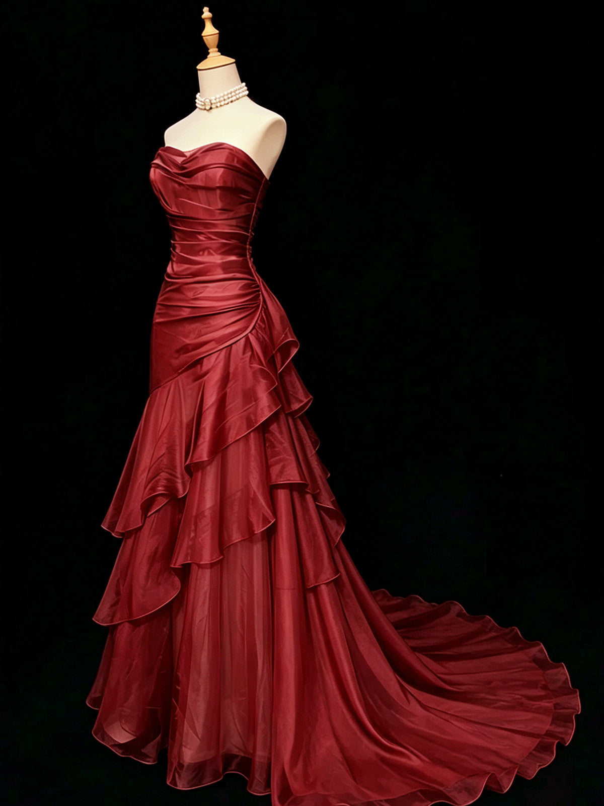 Dark Red Strapless Ruffled Chiffon Floor Length Prom Dress, Dark Red Long Formal Dress