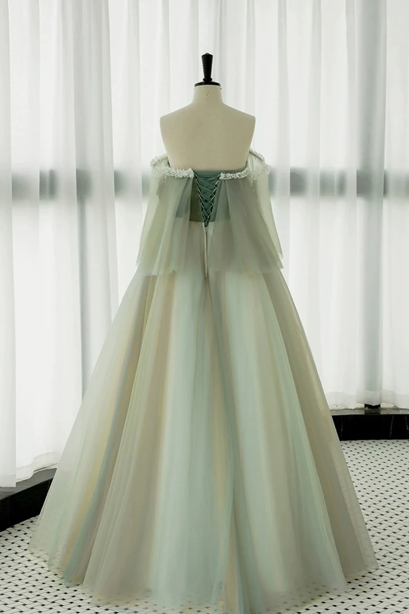light green off the shoulder dress Zapaka Women Long Prom Dress Tulle Green Off The Shoulder Long Sleeves A-Line Evening Formal Dresses, Green / US12