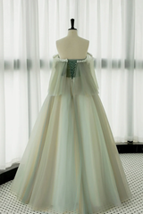 Light Green Scoop Off Shoulder A-line Tulle Prom Dress, Light Green Evening Dress