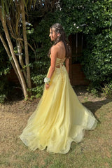 Charming Yellow Sweetheart A-line with Lace Corset Prom Dress, Yellow Tulle Party Dress