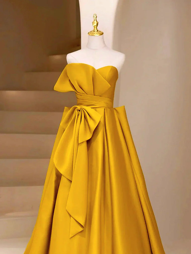Gold Satin A-line Strapless Long Prom Dress Party Dress, Gold Satin Ev