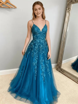 A-line Blue Tulle with Lace Applique V-neckline Prom Dress, Blue Straps Long Evenning Dress
