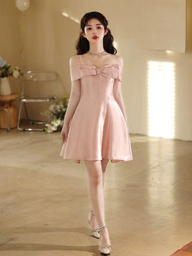 Pink Satin Sweetheart Straps with Bow Homecoming Dress, Pink Knee Length Satin Prom Dress