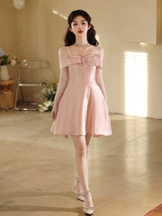 Pink Satin Sweetheart Straps with Bow Homecoming Dress, Pink Knee Length Satin Prom Dress