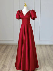 Wine Red Satin V-neckline Short Sleeves Party Dress, Wine Red Satin Formal Dress Prom Dress