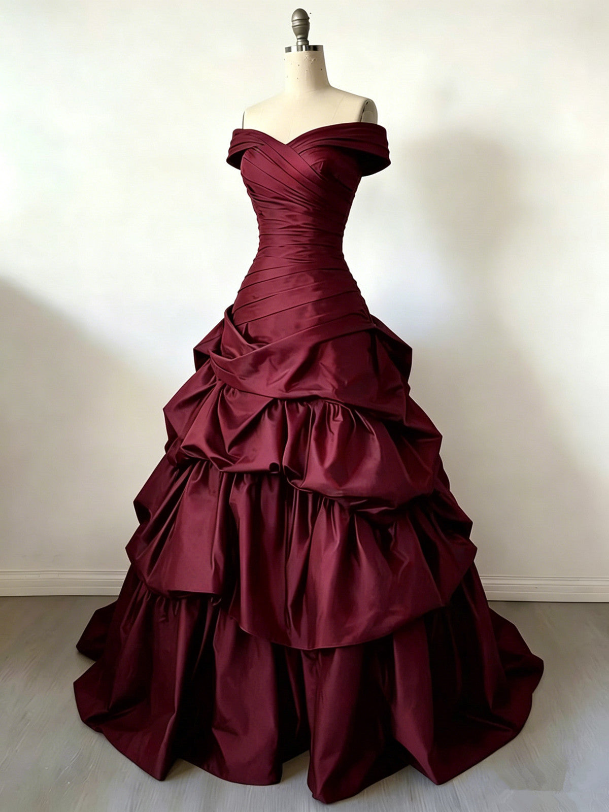 Wine Red Sweetheart Off Shoulder Tiered Prom Dress, Wine Red Gothic Formal Dress