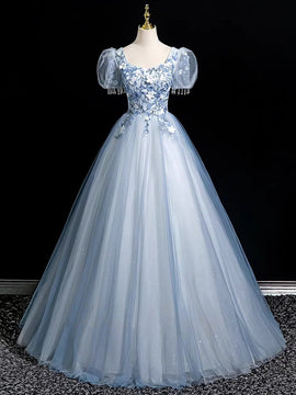 Cute Light Blue Tulle with Lace Short Sleeves Party Dress, Light Blue Tulle Prom Dress