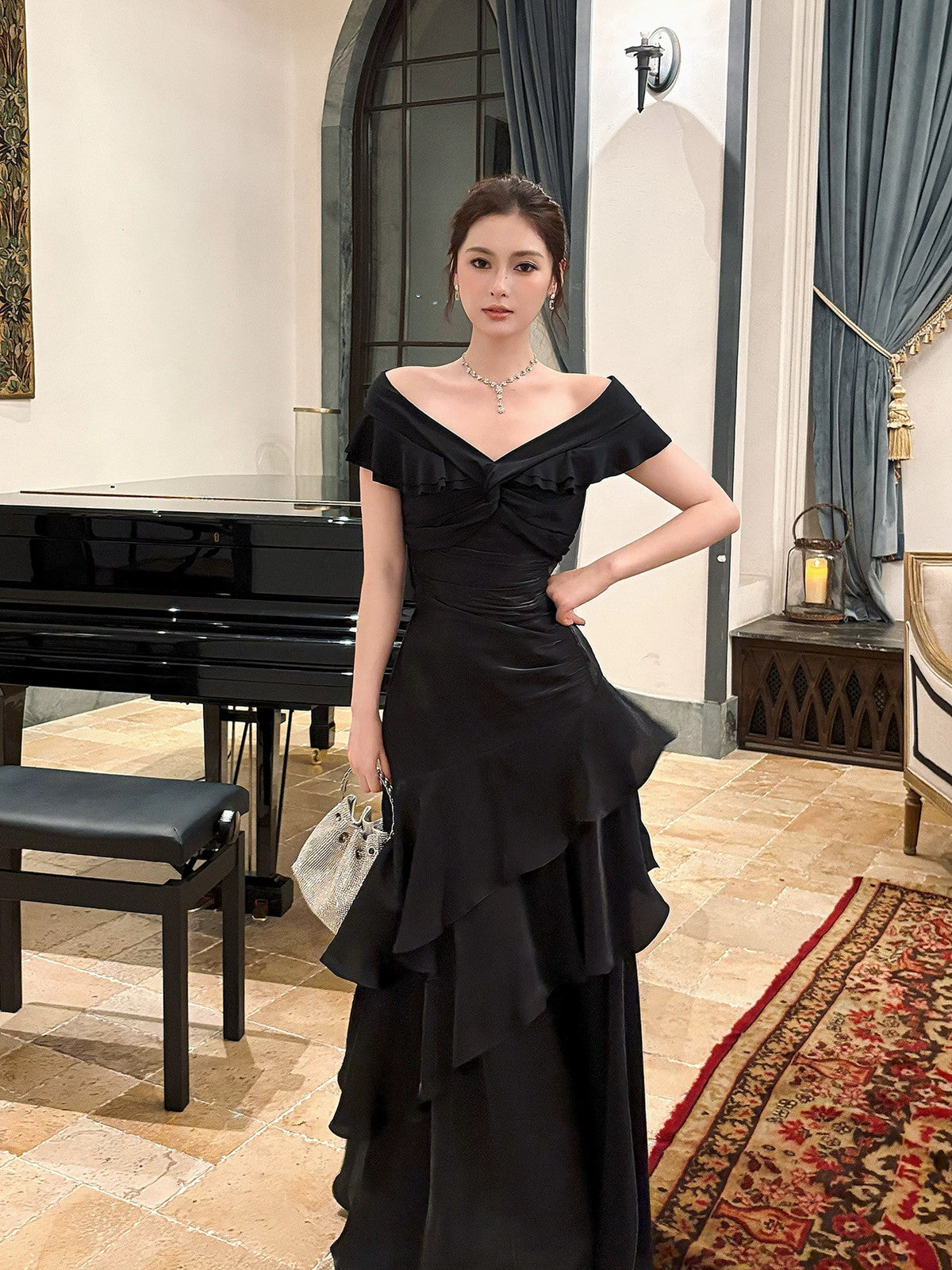 Black Satin Off Shoulder Mermaid Layers Prom Dress, Black Satin Floor Length Party Dress
