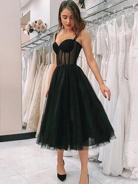 Black Sweetheart Tulle Tea Length Party Dress, Black Straps Tulle Homecoming Dress