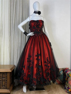 Black and Red Tulle Scoop Long Party Dress, A-line Tulle with Lace Applique Prom Dress