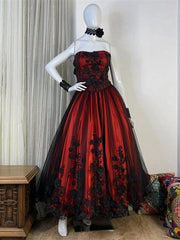 Black and Red Tulle Scoop Long Party Dress, A-line Tulle with Lace Applique Prom Dress