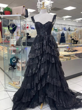 Black A-line Sweetheart Tulle with Lace Layers Party Dress, A-line Black Long Prom Dress