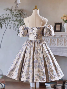 Lovely Floral Satin Short Party Dress, Off Shoulder Floral Homecoming Dress