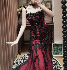 Wine Red Tulle Mermaid Straps Long Party Dress with Straps, Wine Red Long Prom Dress