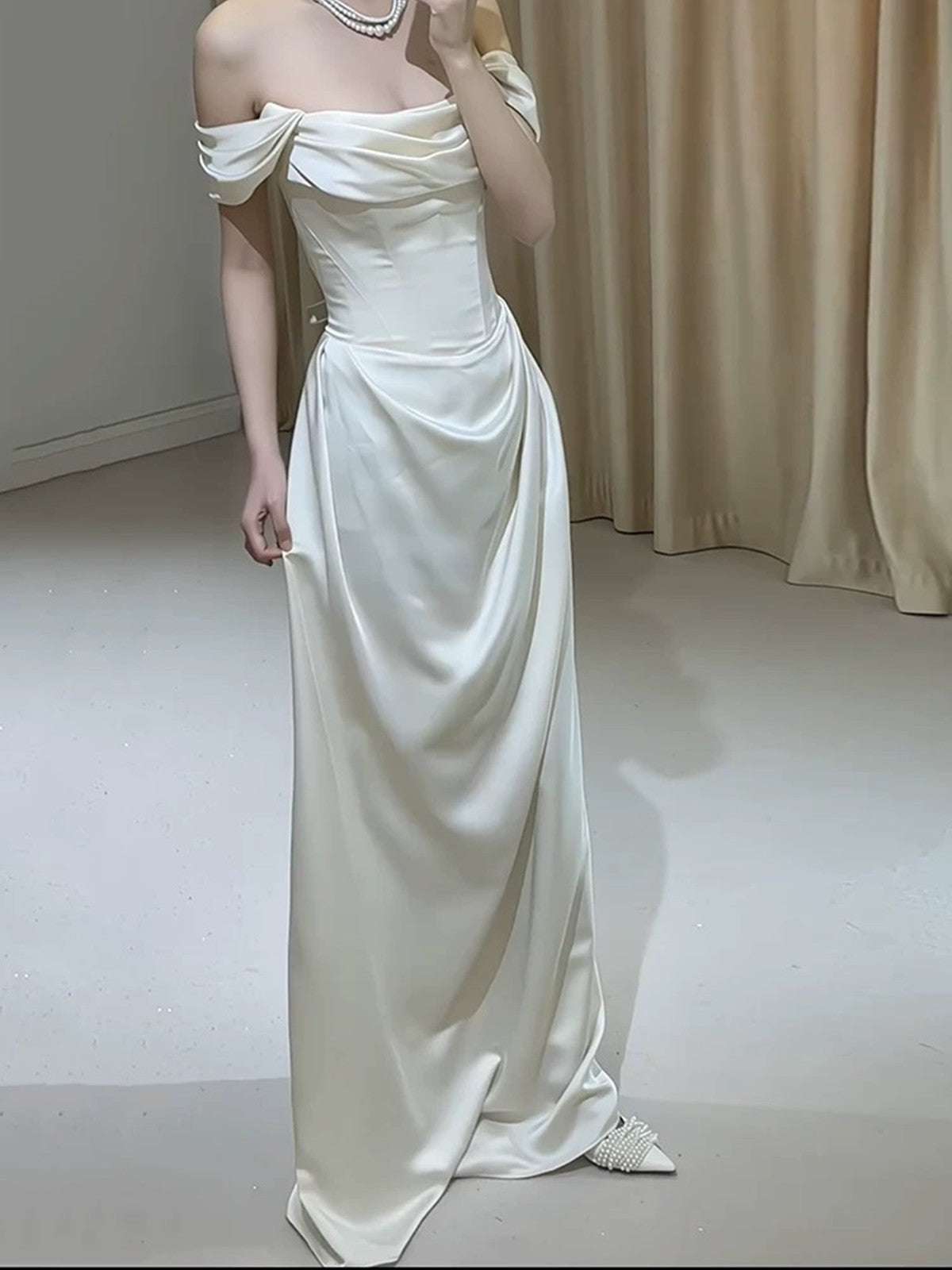 Ivory Satin A-line Off Shoulder Floor Length Party Dress, Ivory Satin Wedding Party Dress