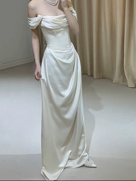 Ivory Satin A-line Off Shoulder Floor Length Party Dress, Ivory Satin Wedding Party Dress