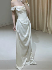 Ivory Satin A-line Off Shoulder Floor Length Party Dress, Ivory Satin Wedding Party Dress