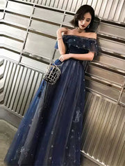 A-line Navy Blue Off Shoulder Beaded Party Dress, Navy Blue Tulle Long Prom Dress
