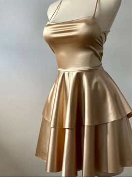Cute Short Champagne Satin Straps Short Party Dress, Champagne Homecoming Dress
