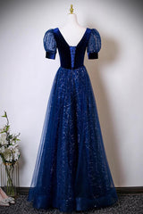 Blue A-line Short Sleeves Tulle and Velvet Party Dress, A-line Floor Length Prom Dress