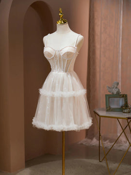 Ivory Tulle Pearls Knee Length Sweetheart Homecoming Dress, Ivory Tulle Short Party Dress