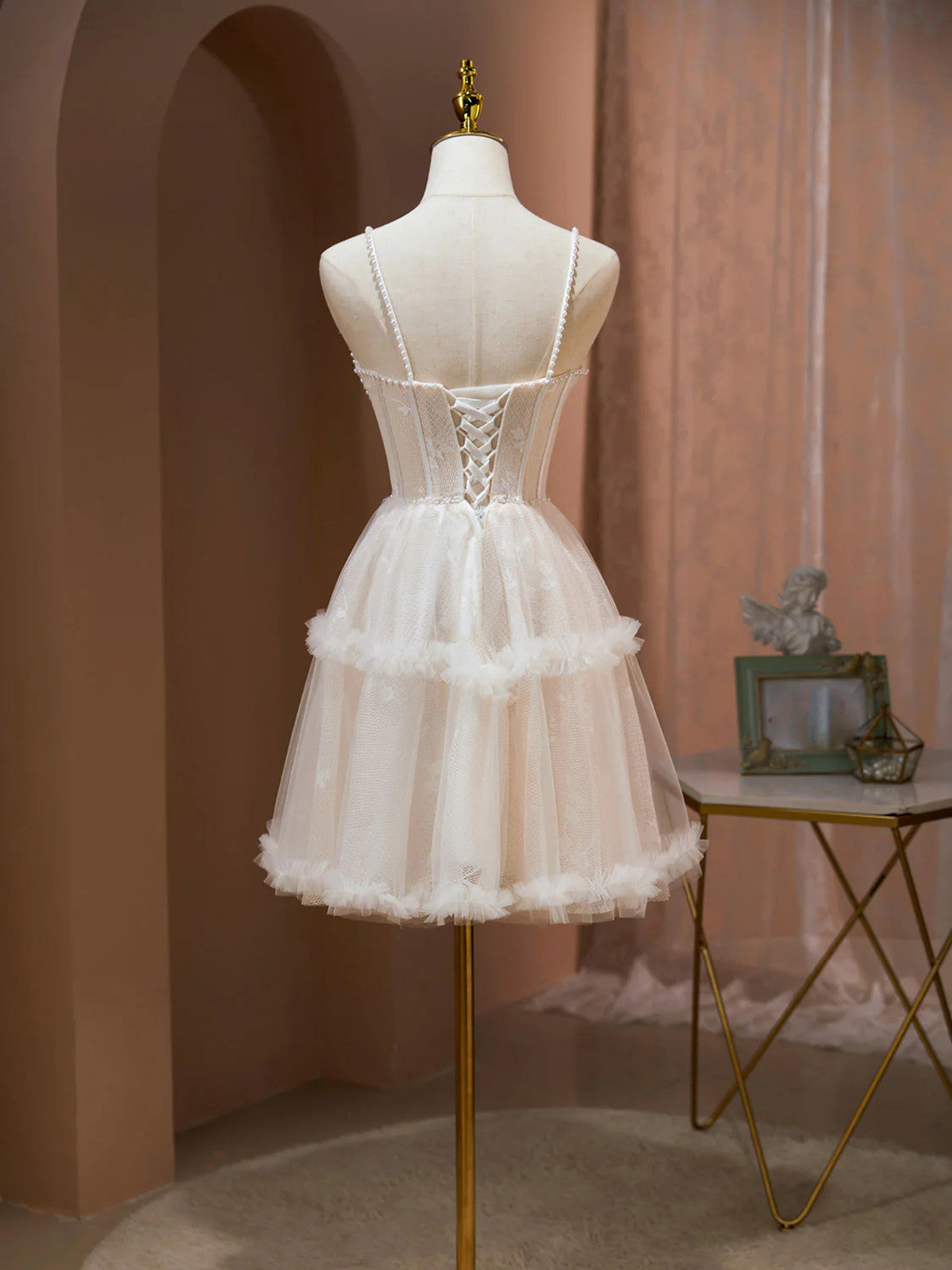 Ivory Tulle Pearls Knee Length Sweetheart Homecoming Dress, Ivory Tulle Short Party Dress