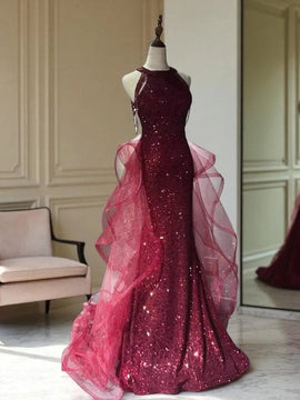 Wine Red Tulle and Sequins Halter Long Party Dress, Wine Red Prom Dress Evening Dress