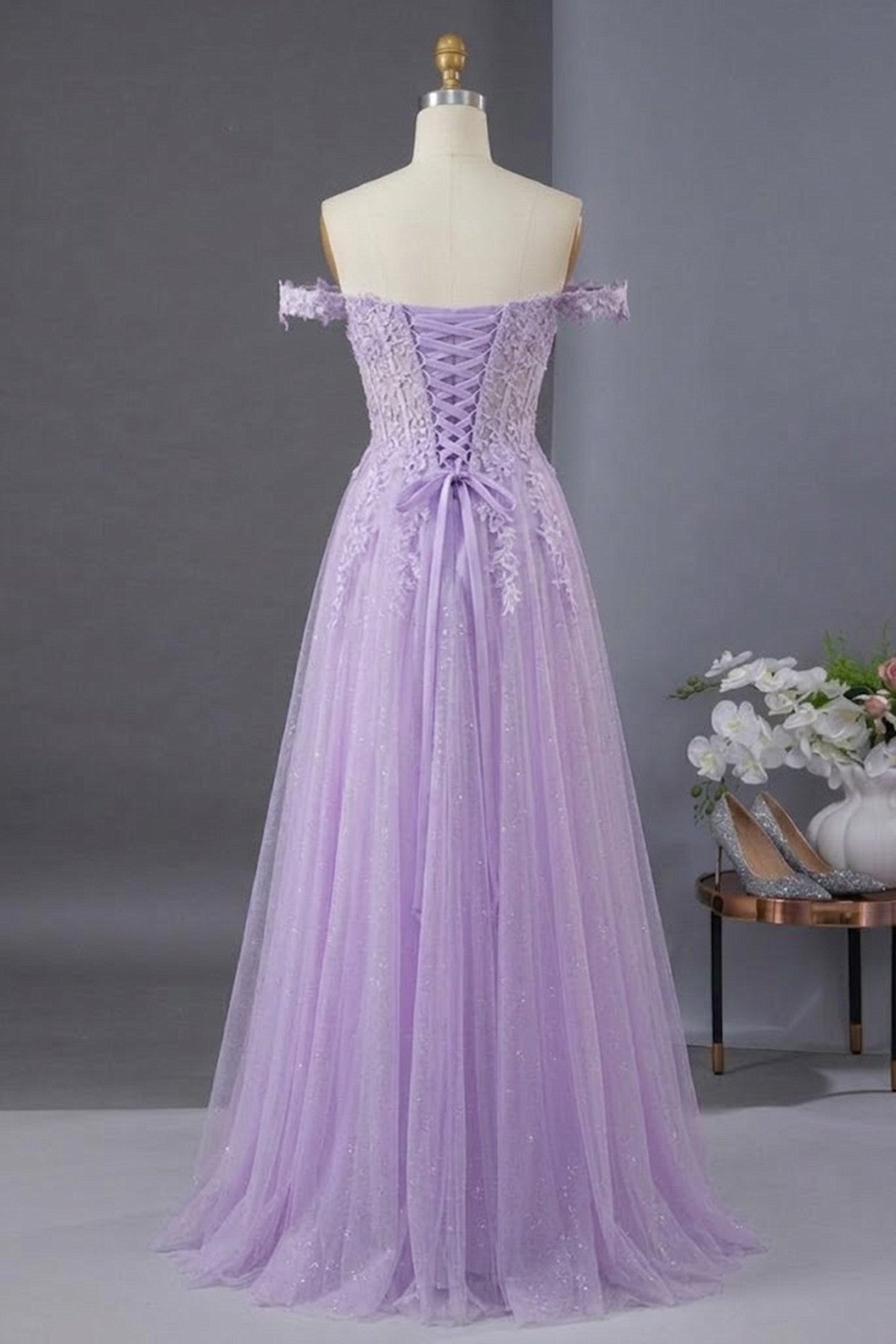 A-line Light Purple Lace Applique Long Prom Dress, Sweetheart Light Purple Evening Dress