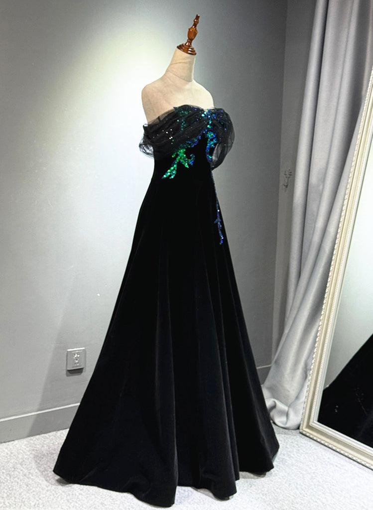 Black A-line Velvet Off Shoulder Lace-up Homecoming Dress, Black Velvet Party Dress