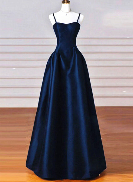 A-line Navy Blue Satin Straps Long Formal Dress, Navy Blue Prom Dress –  Cutedressy