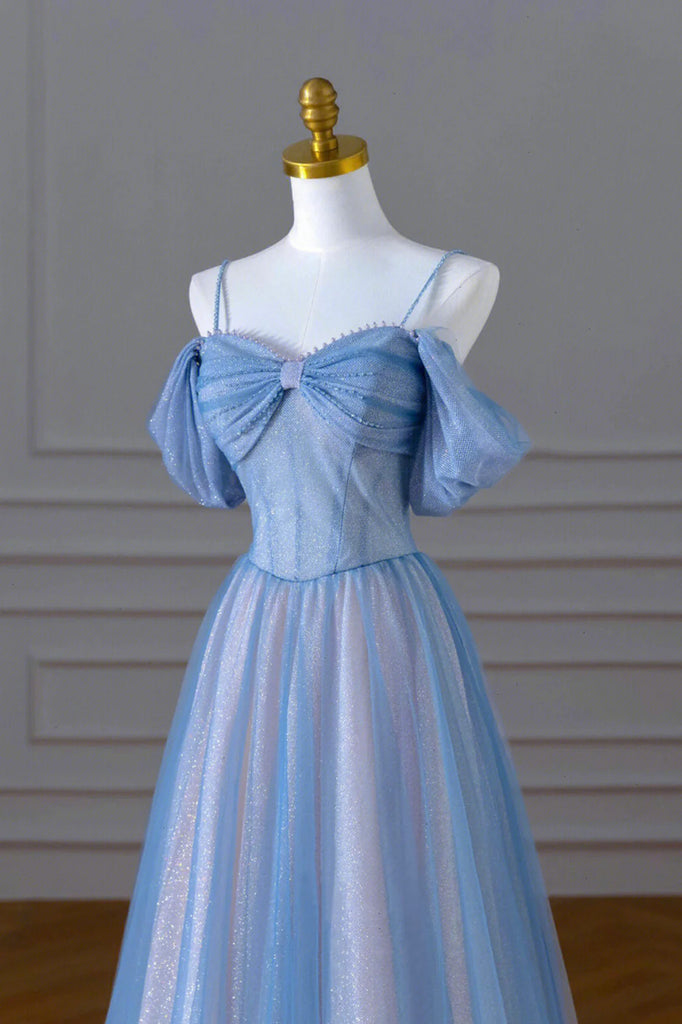 A-line Light Blue and Pink Long Evening Dress, Blue Party Dress Prom D