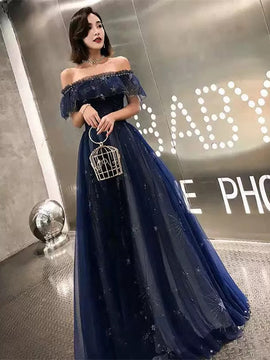 A-line Navy Blue Off Shoulder Beaded Party Dress, Navy Blue Tulle Long Prom Dress