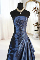 A-line Navy Blue Beaded Knee Length Homecoming Dress,  Navy Blue Short Prom Dress