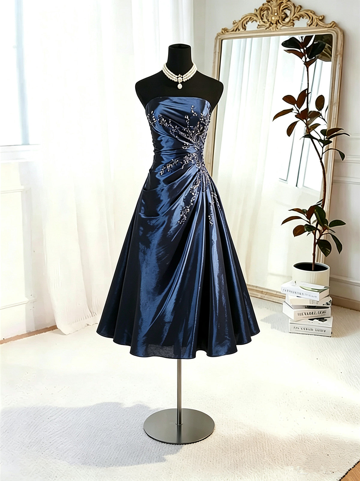 A-line Navy Blue Beaded Knee Length Homecoming Dress,  Navy Blue Short Prom Dress