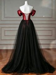 Black and Red Beaded Sweetheart A-line Prom Dress, Black and Red Long Formal Dress