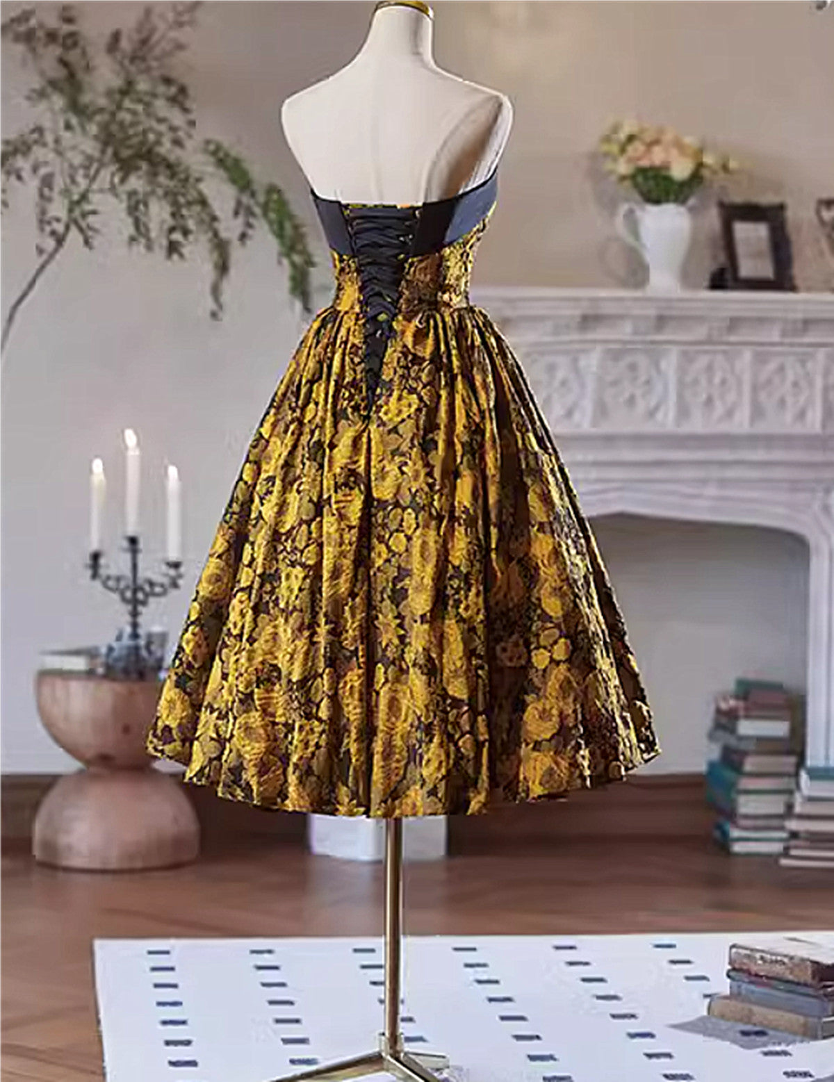 Gold Satin Floral Knee Length Homecoming Dress, Gold Satin Short Prom Cutedressy Gold Satin Floral Knee Length Homecoming Dress, Gold Satin Short Prom Cutedressy