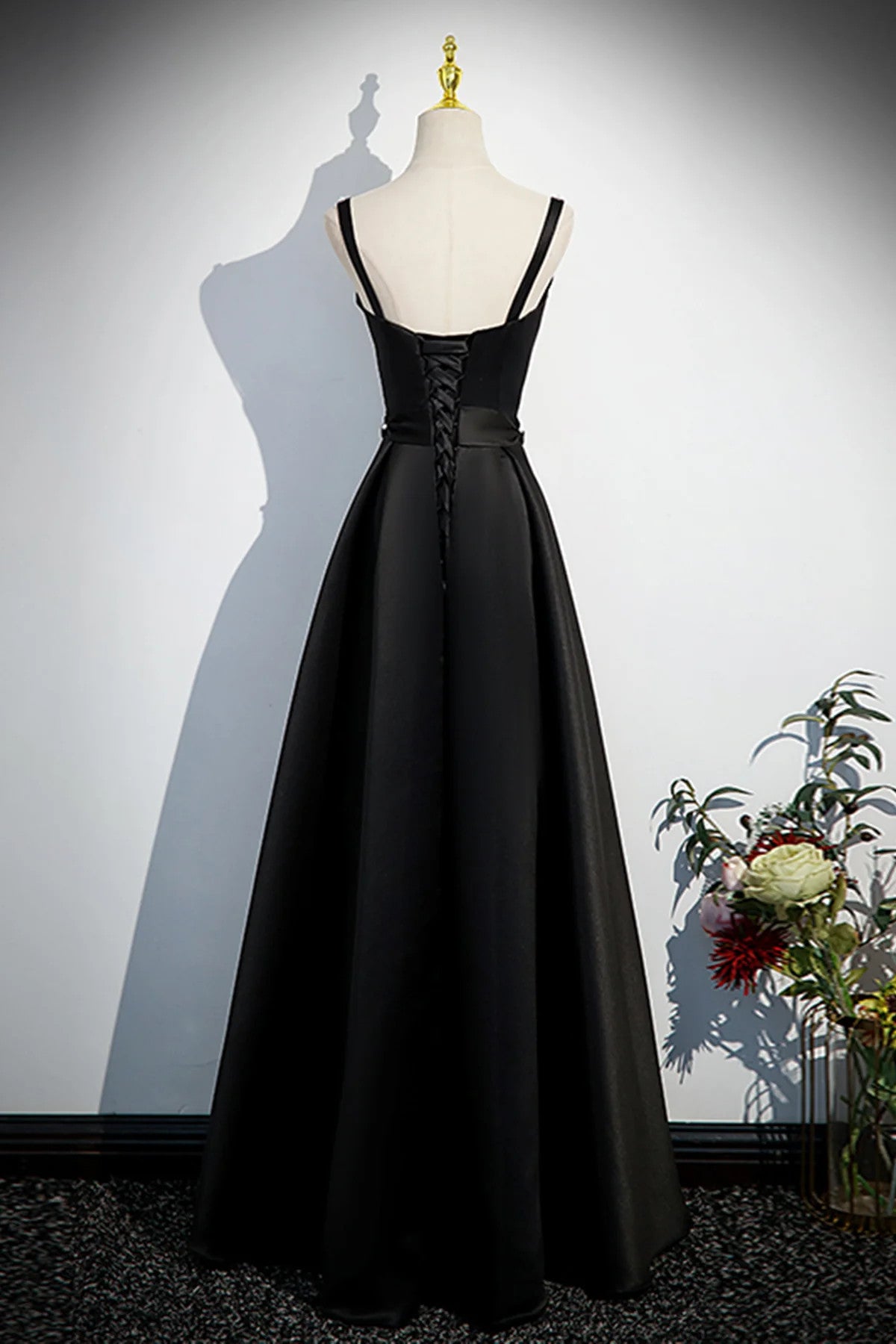 A-line Black Straps Beaded Satin Long Party Dress, Black Prom Dress A-line Black Straps Beaded Satin Long Party Dress, Black Prom Dress